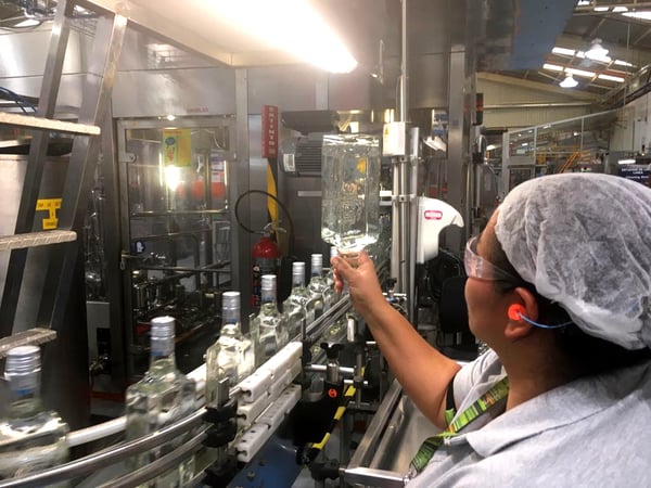 Inspecting for quality on the bottling line at Casa Sauza